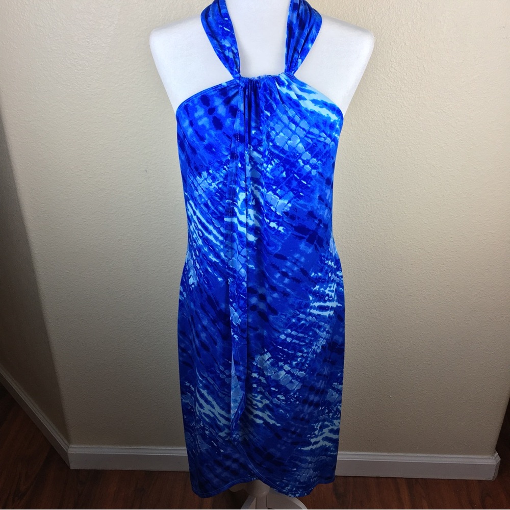 Venus Women's Blue White Halter Long Faux Wrap Dress Size M